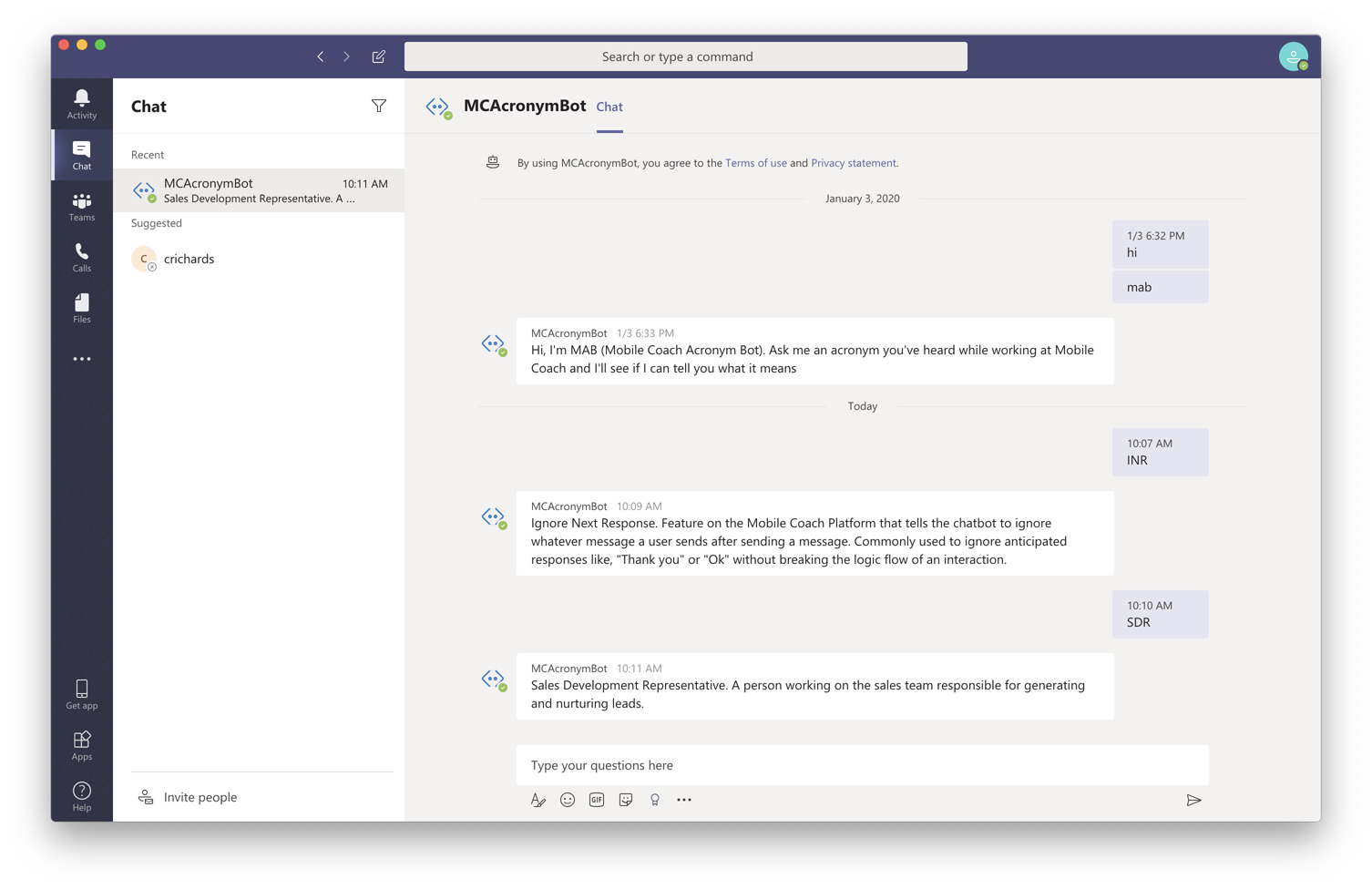 Microsoft Teams chatbot example