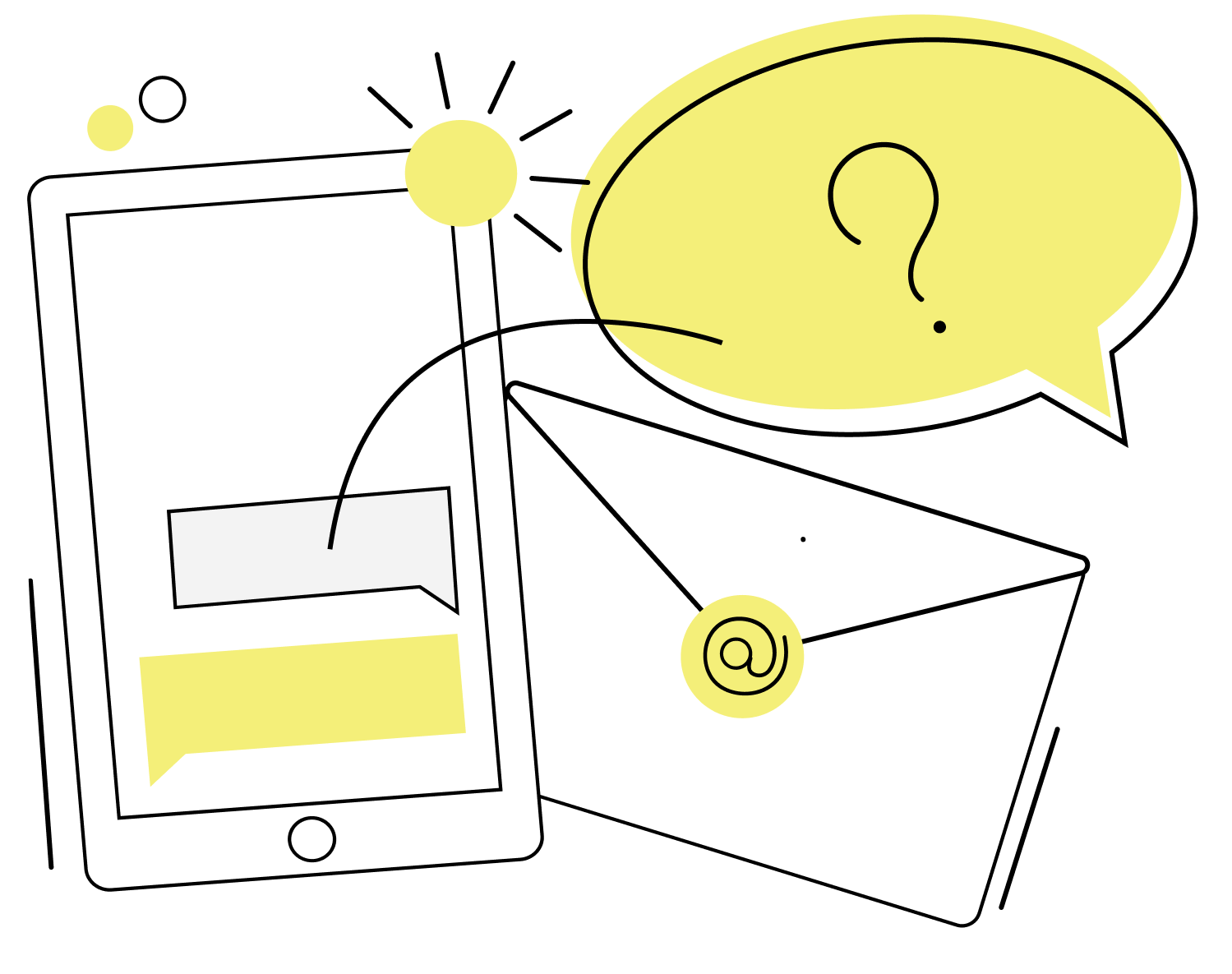 Drawing of a phone with a chatbot message threat and a line connecting a message to a speech bubble