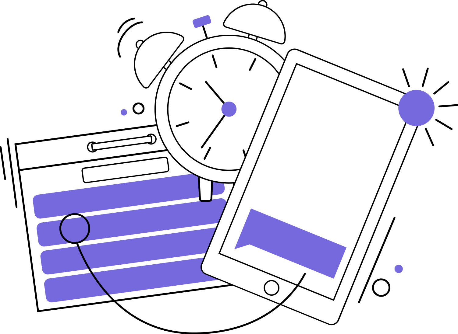 Drawing of a chatbot conversation on a phone with a line pointing to a calendar and alarm clock