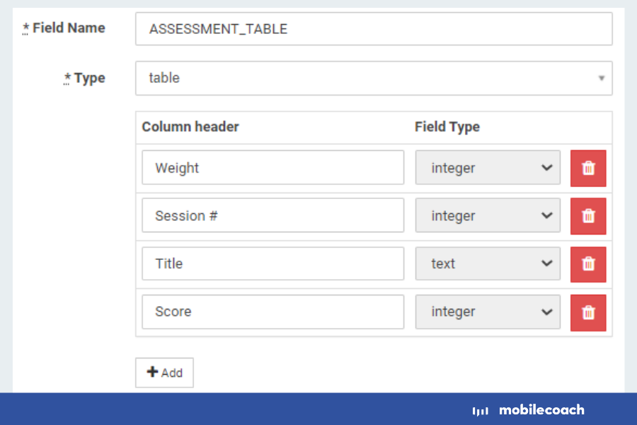 Screenshot of the Mobile Coach Platform's table feature