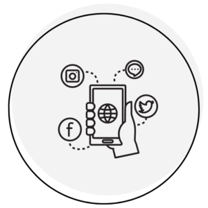 illustration of a phone in a hand with bubble for social media channels