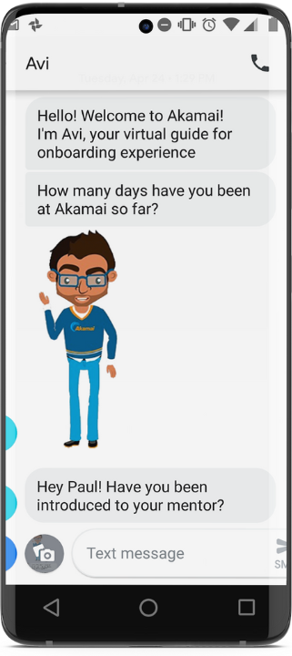 Screenshot of Avi the new hire chatbot conversation on a cell phone