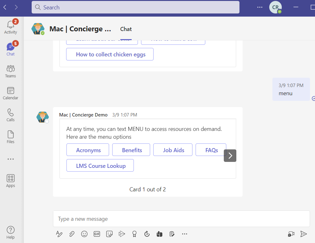 Screenshot of workplace learning chatbot on Microsoft Teams